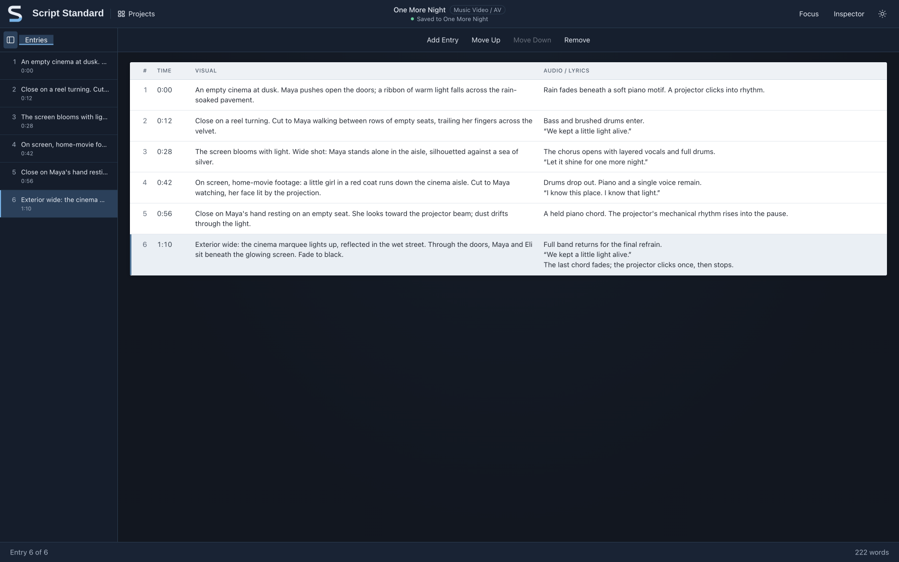 The Music Video / AV workspace in its dark theme: a list of six entries on the left and a table of numbered entries with Time, Visual and Audio / Lyrics columns for the fictional video “One More Night”.