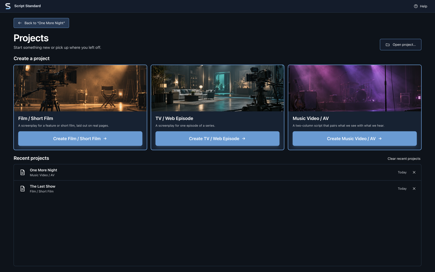 The Projects hub: cards to create a Film / Short Film, TV / Web Episode or Music Video / AV project, an Open project button, and a list of two recent projects.