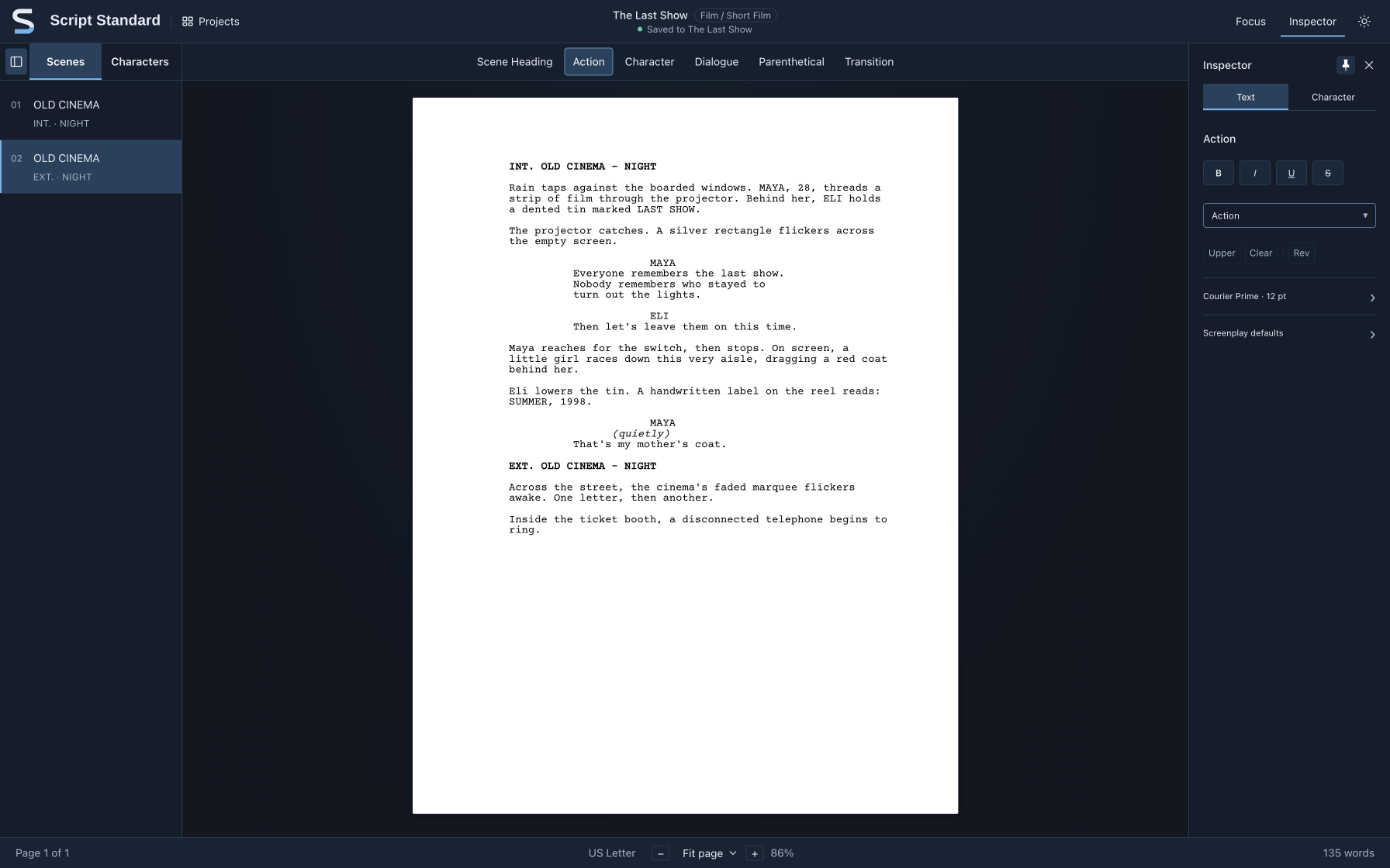The Script Standard screenplay editor in its dark theme. A scene list sits on the left, the screenplay element bar runs across the top, an inspector is open on the right, and the centre shows a US Letter page from the fictional script “The Last Show”, starting with INT. OLD CINEMA – NIGHT.